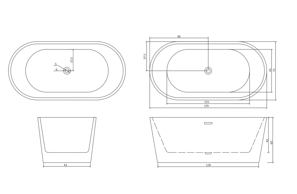 Ванна RESIA170II акриловая отдельностоящая Ceruttispa (1700x750x600)