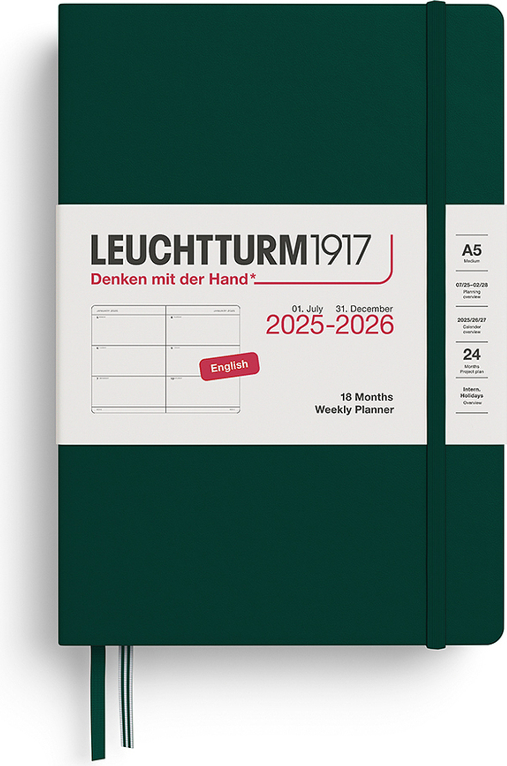 Блокнот Leuchtturm 1917, 2025/2026 18M EN, A5, зелёный