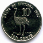 10 центов 1997 год. Эритрея. Страус. Сталь с покрытием, диаметр 20.95 мм. AUNC