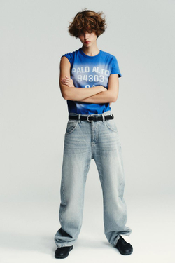 ZARA ФУТБОЛКА С ЭФФЕКТОМ ПОТЕРТОСТИ И НАДПИСЬЮ, СИНИЙ