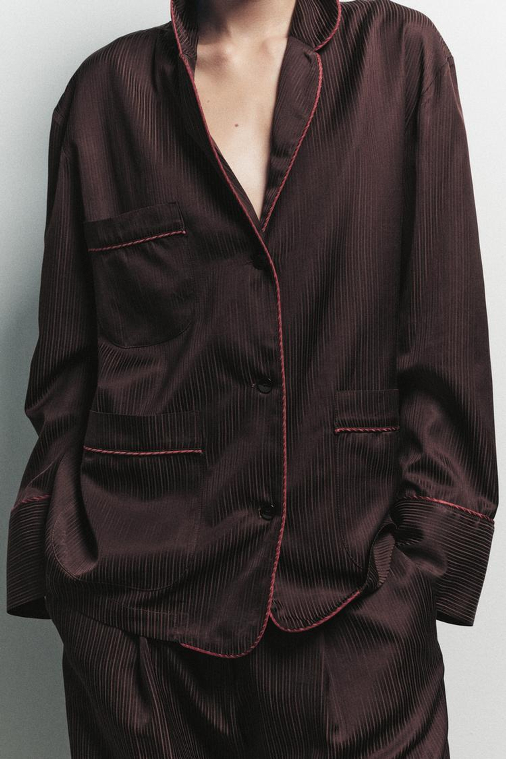 ZARA РУБАШКА В ПИЖАМНОМ СТИЛЕ В ПОЛОСКУ С КОНТРАСТНЫМИ ДЕТАЛЯМИ, КОРИЧНЕВЫЙ