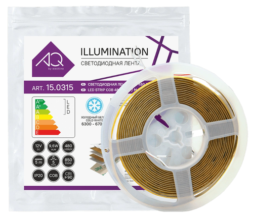 Лента светодиодная COB, 480 LED, 12V, 9,6W/м, 5 мм, IP20, холодный белый, 5м, AQ (15.0304)