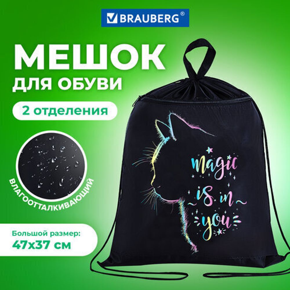 Мешок для обуви BRAUBERG, с петлёй, карман на молнии, 47х37 см, "Magic Cat", 271608