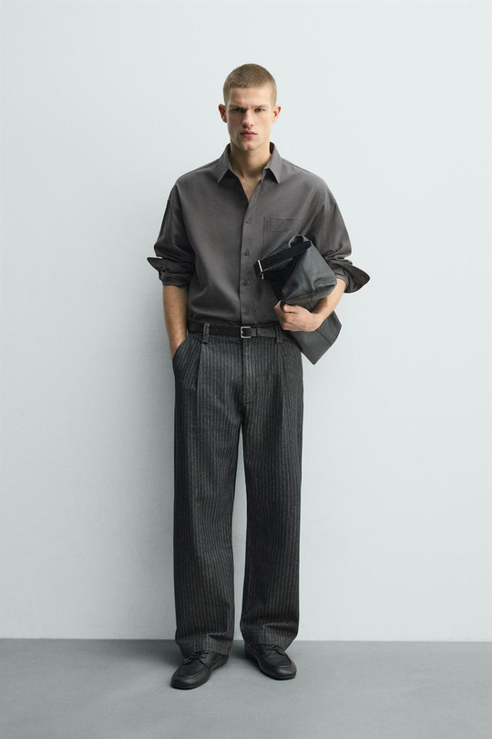 ZARA БРЮКИ ЧИНОС RELAXED FIT В ТОНКУЮ ПОЛОСКУ, СЕРЫЙ