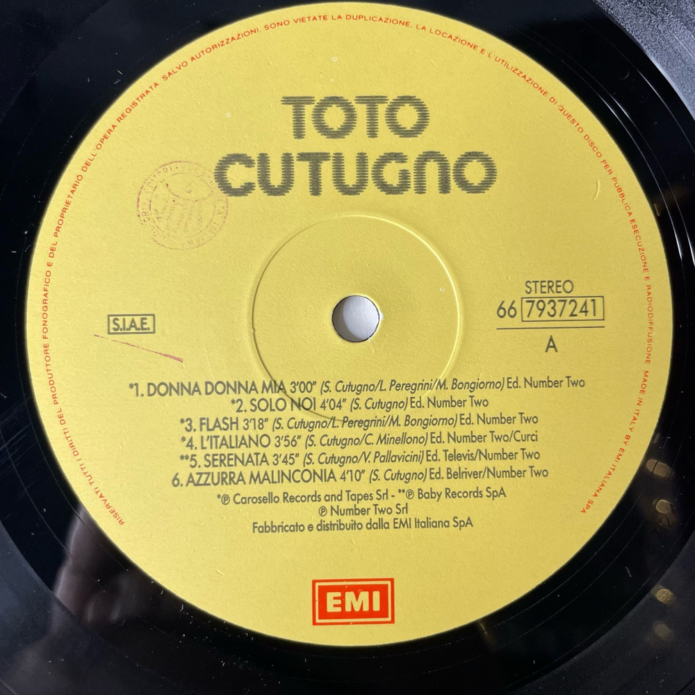 Винтажная виниловая пластинка LP Toto Cutugno Тото Кутуньо (Италия 1989)