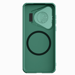 Чехол зеленого цвета (Deep Green) от Nillkin с металлической откидной крышкой для смартфона Huawei Pura 70, серия CamShield Prop Magnetic (с поддержкой магнитной беспроводной зарядки MagSafe)