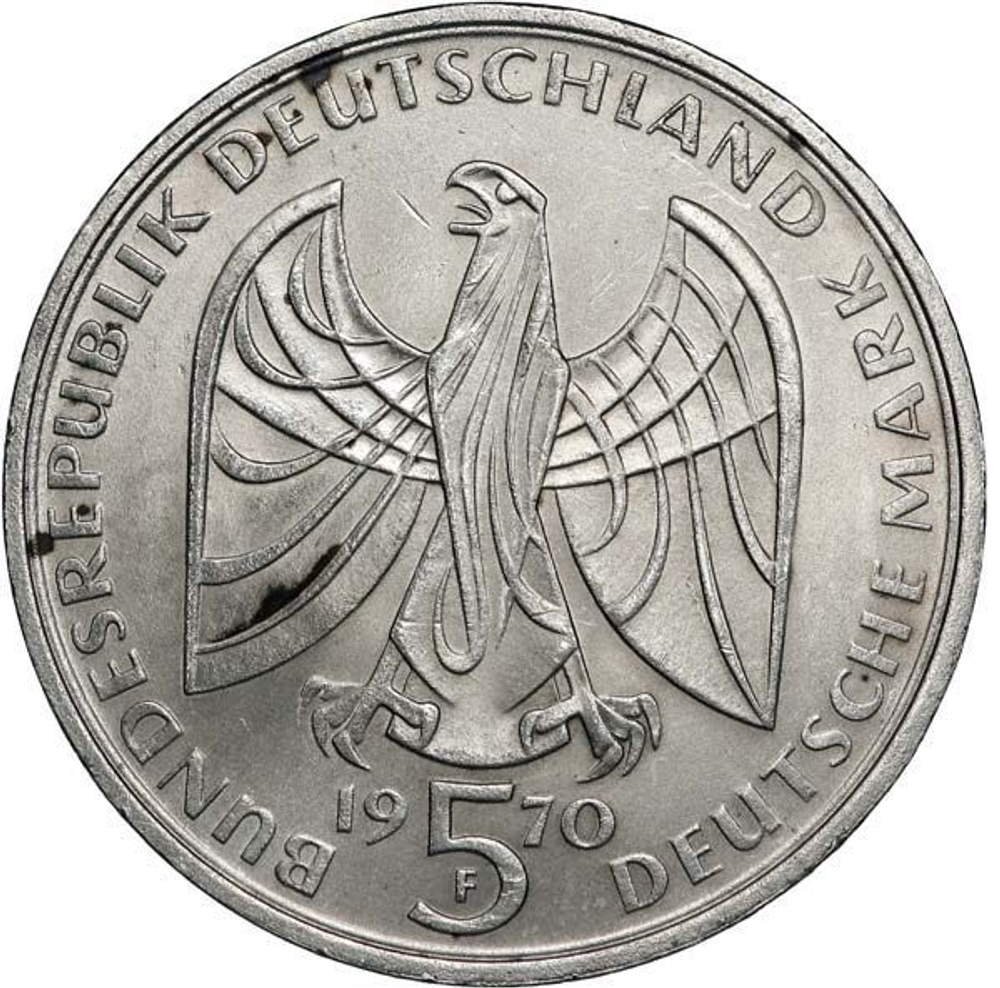 Germany, 5 Mark 1970 – 200th Anniversary of Beethoven’s Birth (Stuttgart Mint - "F" Mark), AU