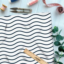 Ткань сатин чёрные волны на белом фоне