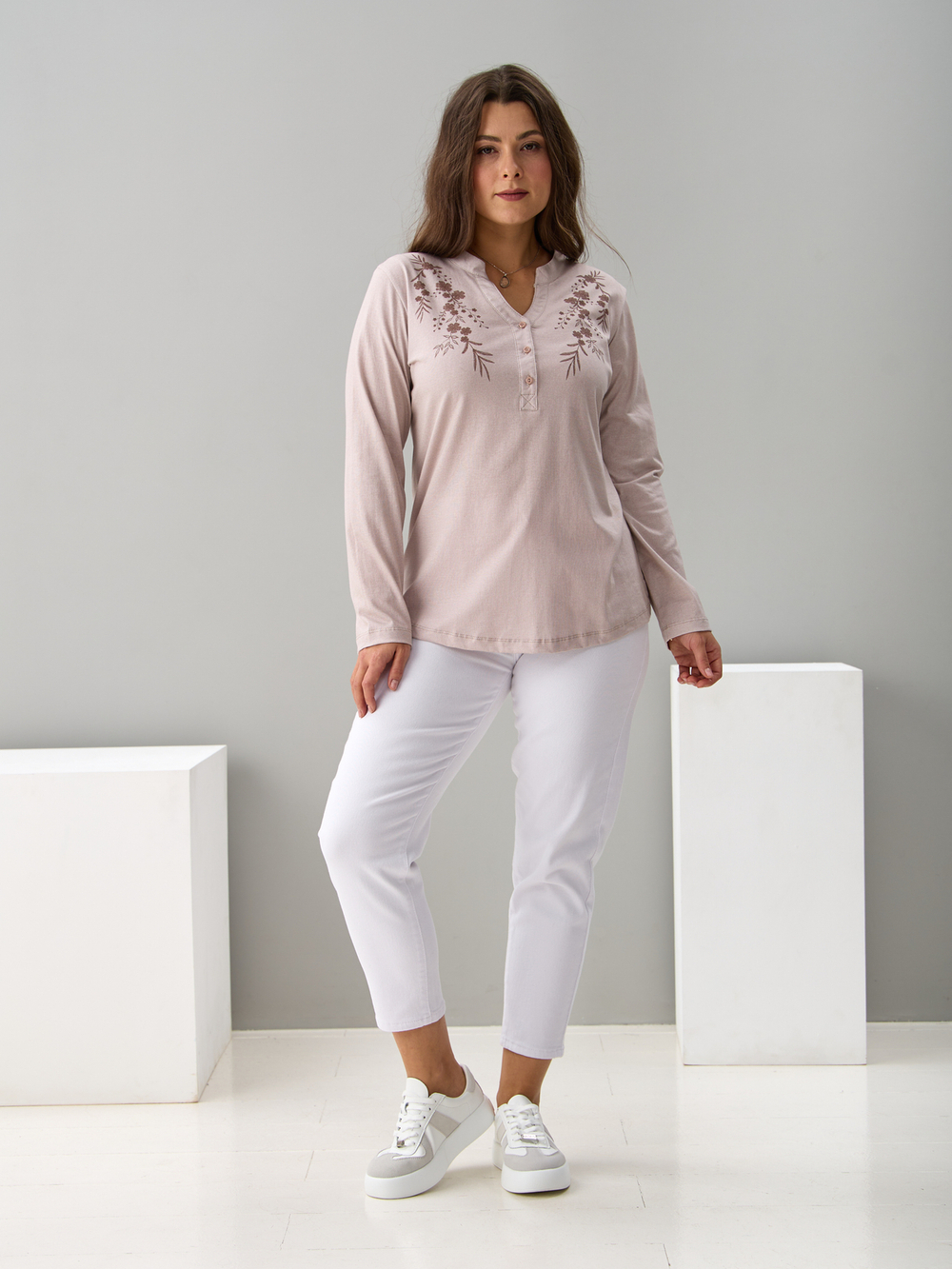 Блузка БЛ-22/бежевыйрогожка-цветы-п