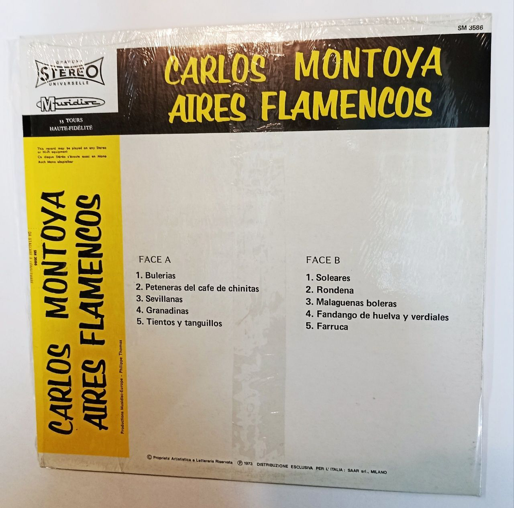 Винтажная виниловая пластинка LP Carlos Montoya Aires Flamenco (Italy 1974)