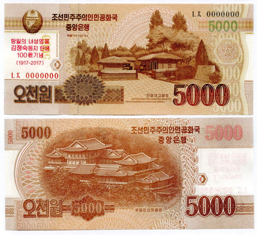 Банкнота КНДР 5000 вон 2013 (2017) год. 100 лет Ким Чен Сук (жены Ким Ир Сена, матери Ким Чен Ира). UNC