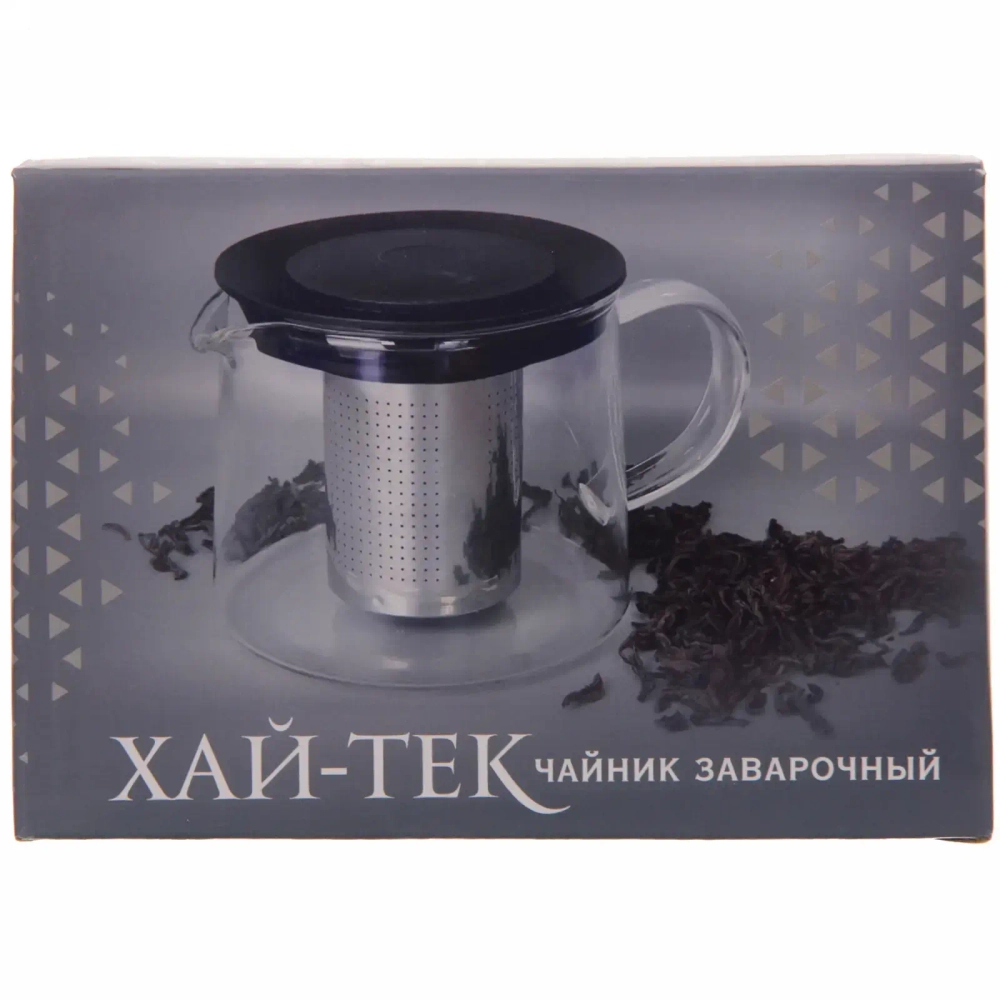 Чайник заварочный стеклянный 1000мл «Хай-Тек» с металлическим ситом и пластиковой крышкой Селфи