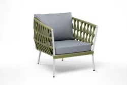 "Диего" кресло плетеное из роупа, каркас алюминий светло-серый (RAL7035) муар, роуп салатовый меланж круглый, ткань светло-серая