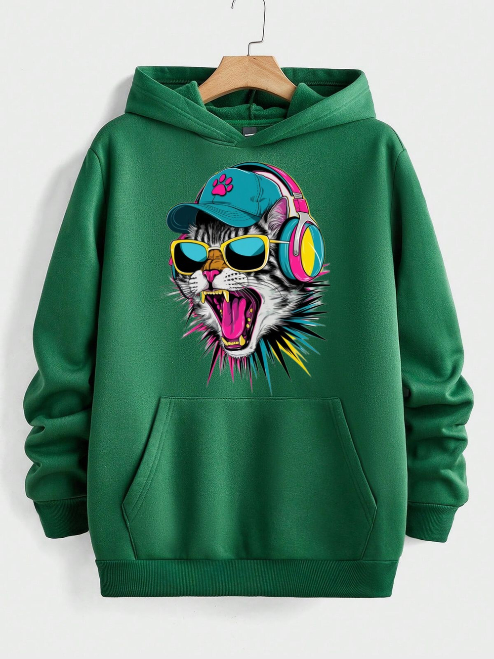 Толстовка худи "Кот в наушниках" зеленая