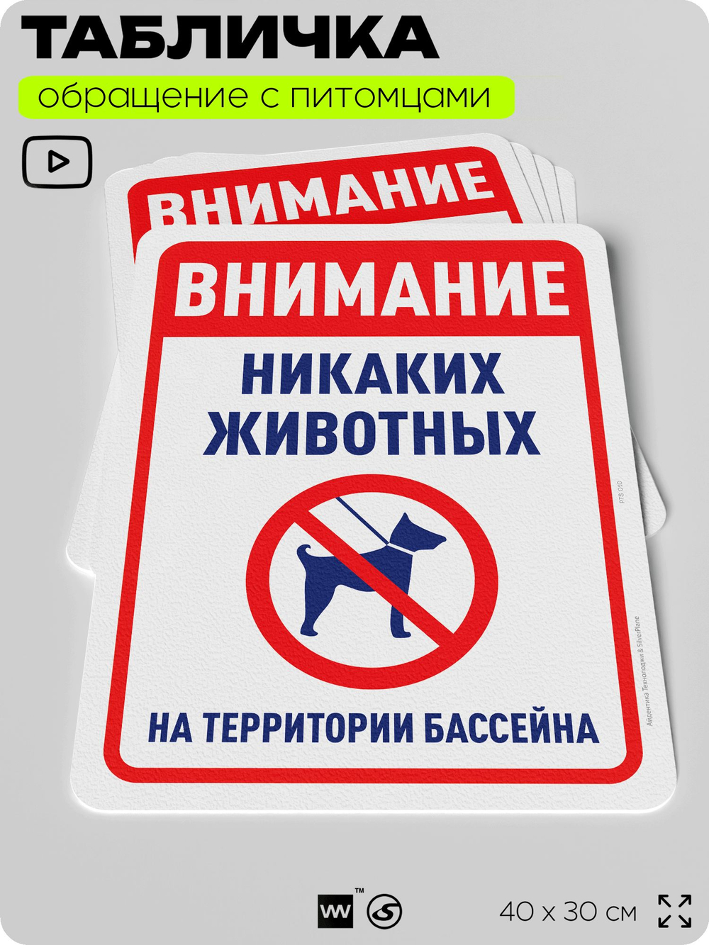 Табличка "Внимание, никаких животных на территории бассейна" на дверь и забор, для двора, дома, подъезда, 40х30 см, Silver Plane x Айдентика Технолоджи
