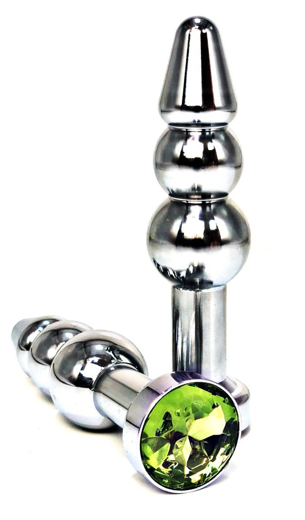 Серебристая коническая анальная пробка-ёлочка с лаймовым кристаллом - 11 см. (Цвет: лаймовый)