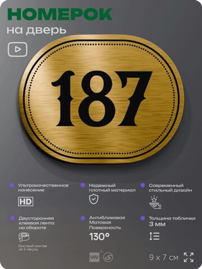 Номерок на дверь квартиры 187, для кабинета, офиса, шильдик 9 х 7 см, золотистый, Айдентика Технолоджи