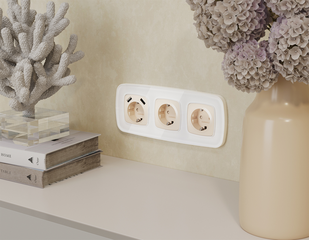 MO329010 Комплект механизма электрической розетки OMEGA Бежевый матовый 2USB A+A 18W (быстрая зарядка) с/з QUANT (OP3290, VM155)