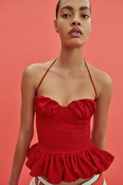 ZARA КОМБИНИРОВАННЫЙ ТОП ИЗ БУКЛЕ, ЯРКО-КРАСНЫЙ