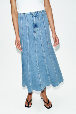 ZARA ДЖИНСОВАЯ ЮБКА МИДИ Z1975 С ОТСТРОЧКОЙ, ВЫЦВЕТШИЙ СИНИЙ