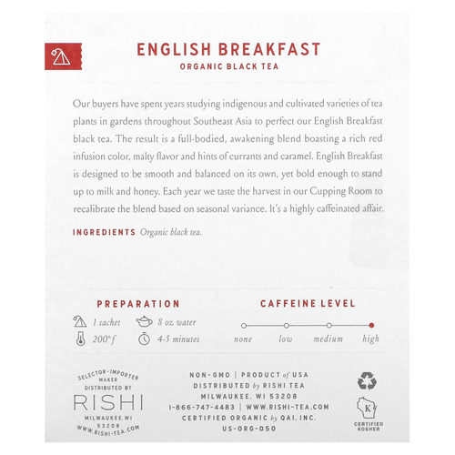 Rishi Tea, Органический черный чай, английский завтрак, 15 пакетиков, 48 г (1,69 унции)