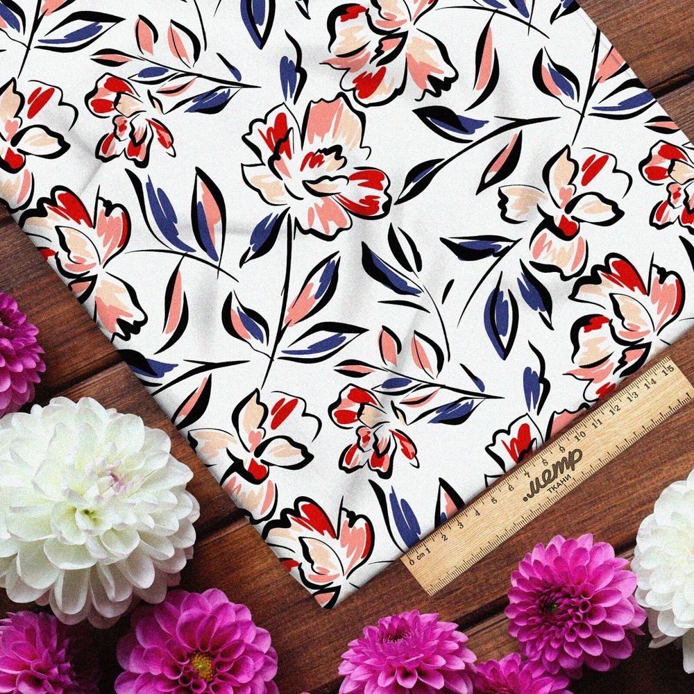 Ткань атлас рисованные цветы с чёрным контуром