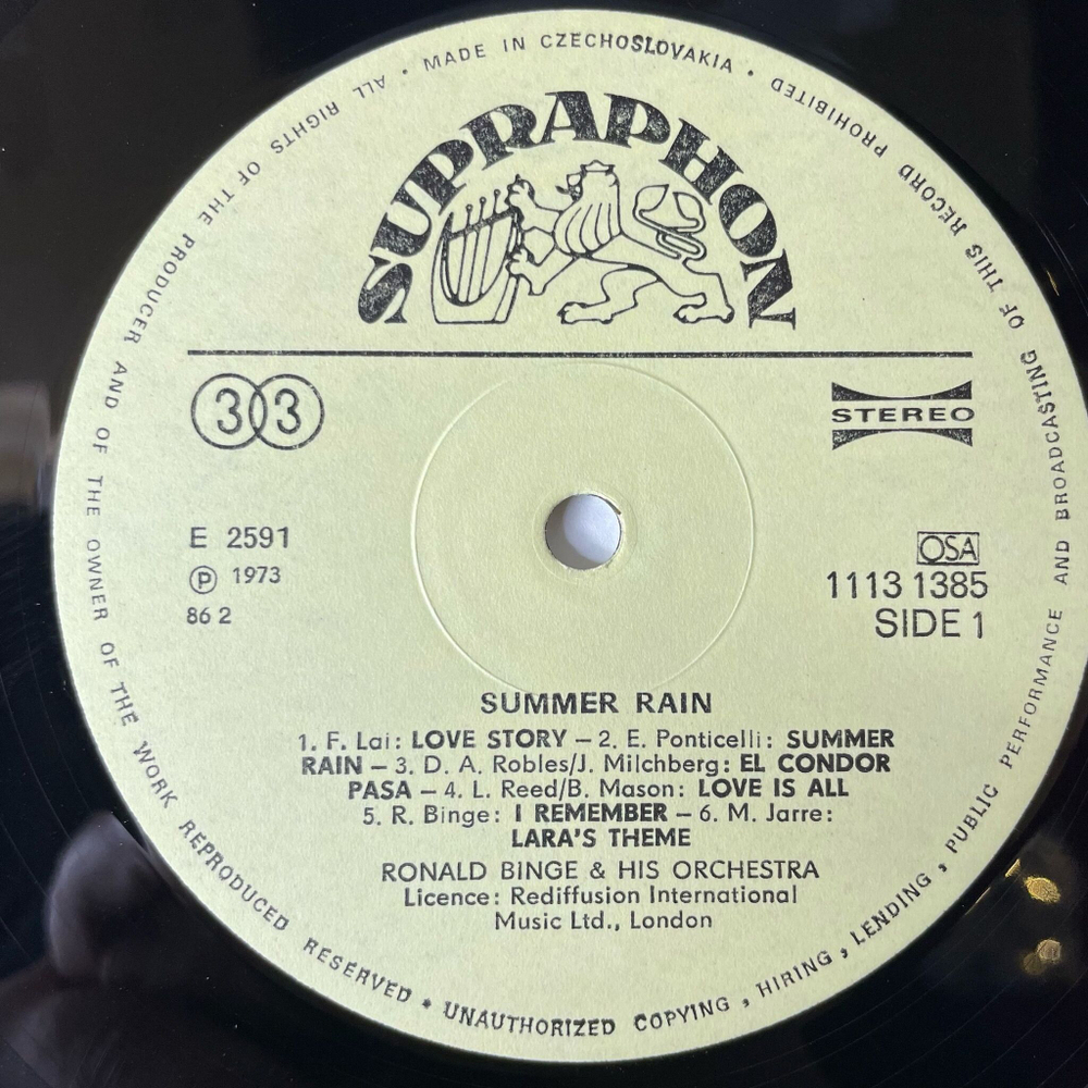 Винтажная виниловая пластинка LP Ronald Binge and His Orchestra Summer Rain (Чехословакия 1985) El Condor Pasa