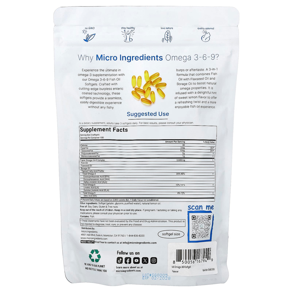 Micro Ingredients, омега-3, 6-9, со вкусом лимона, 300 капсул