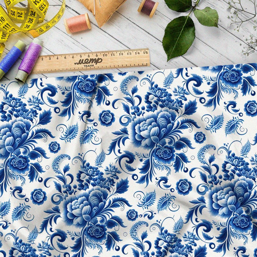 Ткань шелк Армани цветы и розы гжель