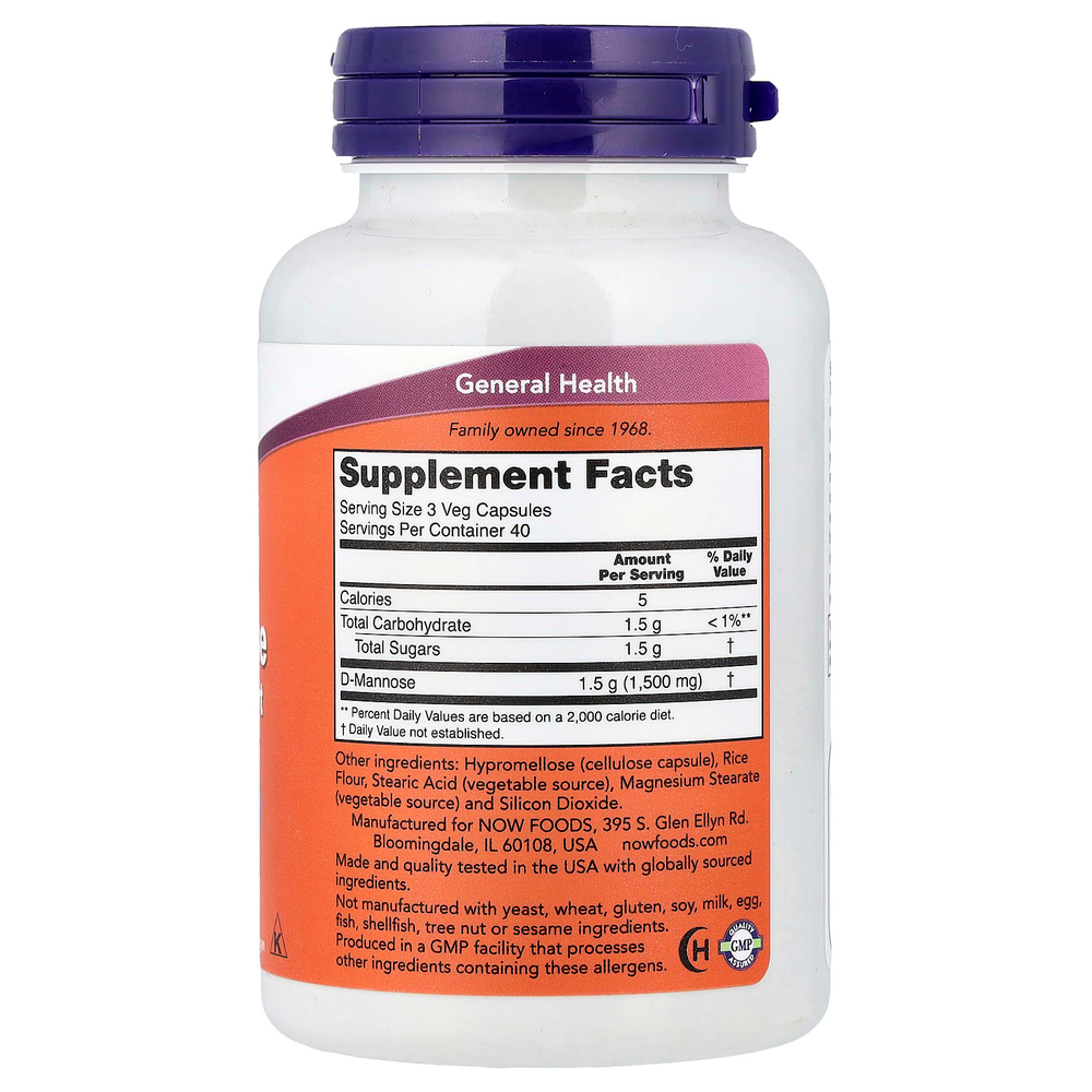 NOW Foods, D-манноза, 500 мг, 120 вегетарианских капсул