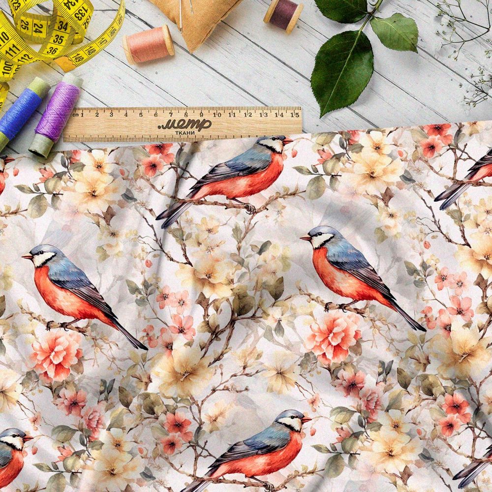 Ткань премиум сатин птицы в цветущих ветвях