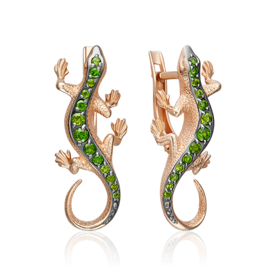 Серьги «Ящерицы» с английским замком из красного золота с хромдиопсидами