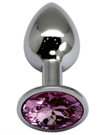 Серебристая анальная пробка с розовым стразом - 7 см. (Цвет: розовый)
