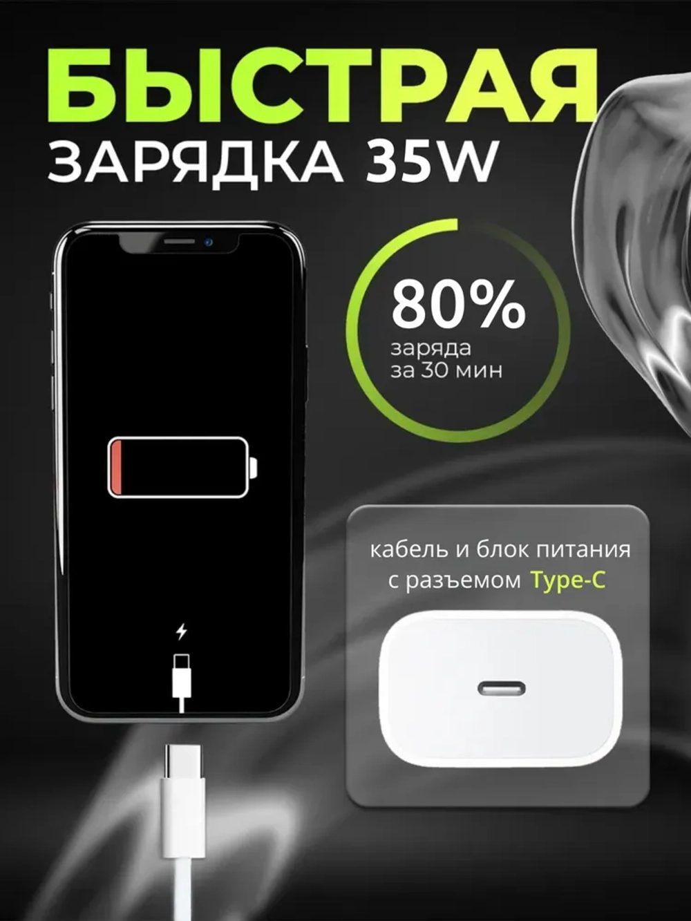 Зарядка кабель и блок для iPhone и Android Type-C/Type-C, длина 1 метр (35W A2347)