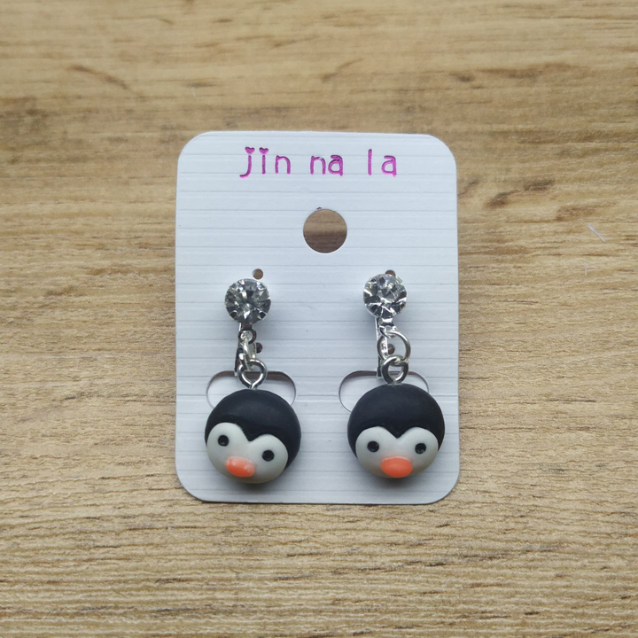 Клипсы Animals Мордашка пингвина цвет черный кристалл металл серебристый