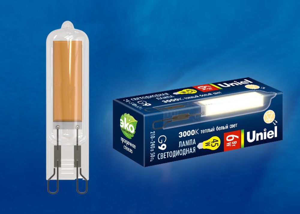 LED-JCD-6W/3000K/G9/CL GLZ08TR Лампа светодиодная, прозрачная. Теплый белый свет (3000К). Картон. ТМ Uniel.