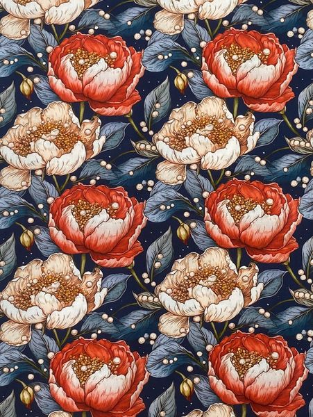 КРАСНЫЕ РОЗЫ  И ЖЕМЧУГ  НА ГЛУБОКОМ СИНЕМ ФОНЕ 100% хлопок, Handmade Fabrics 3