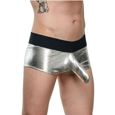 Мужские блестящие трусы-боксеры с кармашком под член (Размер: L-XL) (Цвет: серебристый с черным)