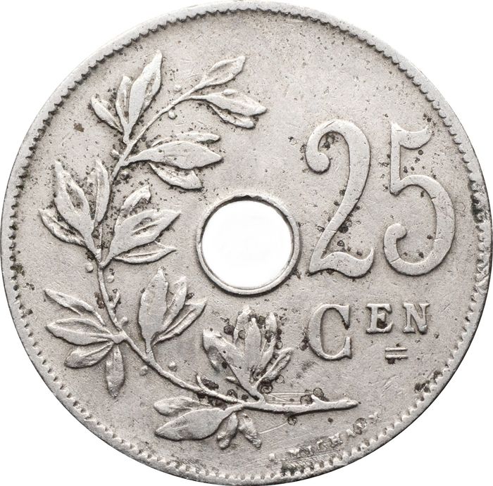 25 сантимов 1908 Бельгия (надпись на голландском - KONINKRIJK BELGIË) 