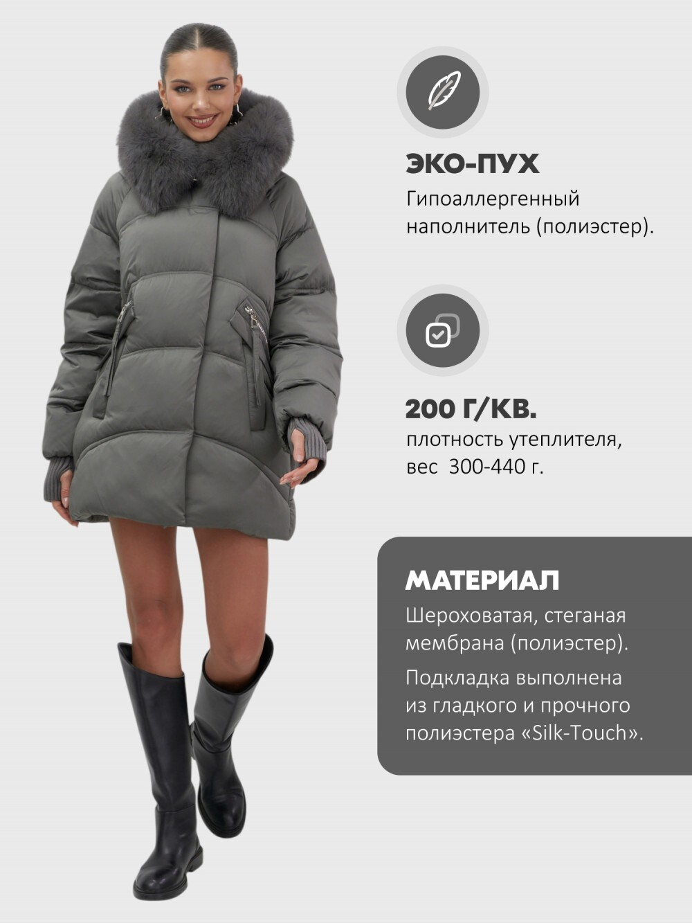Куртка зимняя женская с мехом и капюшоном тренд темно-серого цвета 7658TC