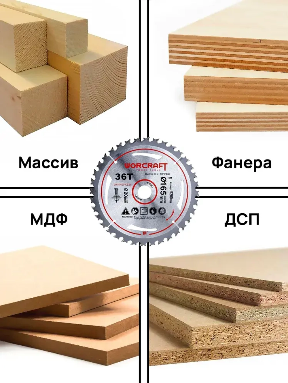 Пильный диск твердосплавный WORCRAFT WPI19165-CS24, 36T TCT, 165х1,6х20 мм