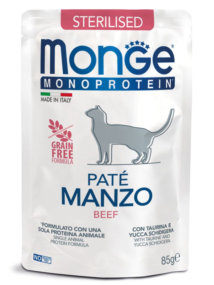 Влажный корм Monge Cat Monoprotein для стерилизованных кошек, из говядины, паучи 85 г