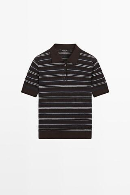 Massimo Dutti Футболка поло из смесовой хлопковой ткани в полоску с ажурным узором, синий