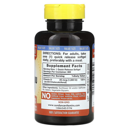Sundance Vitamins, Высокоэффективный витамин D3, 25 мкг (1000 МЕ), 300 капсул быстрого высвобождения