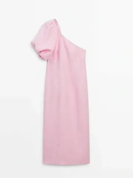 Massimo Dutti Длинное льняное платье с пышными рукавами - Studio, розовый