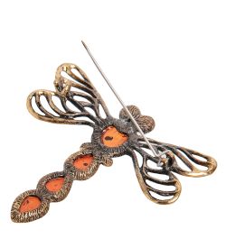 AM-1661 Брошь «Стрекоза Егоза» (латунь, янтарь)