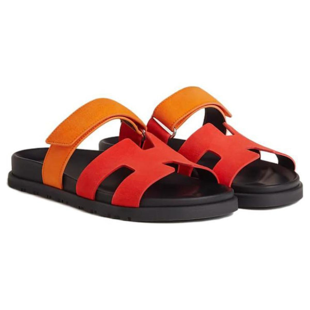Hermes Chypre leather comfortable and lightweight one-word slippers women's orange red, H222297Z LS
