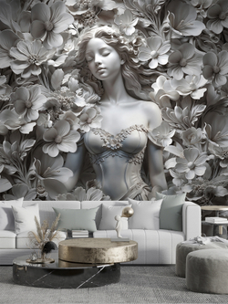 3D Фотообои объемные девушка и цветы серые