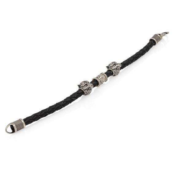 Браслет гайтан черный 5 мм с руной Соулу и двумя шармами Волк Мельхиор, фото 3