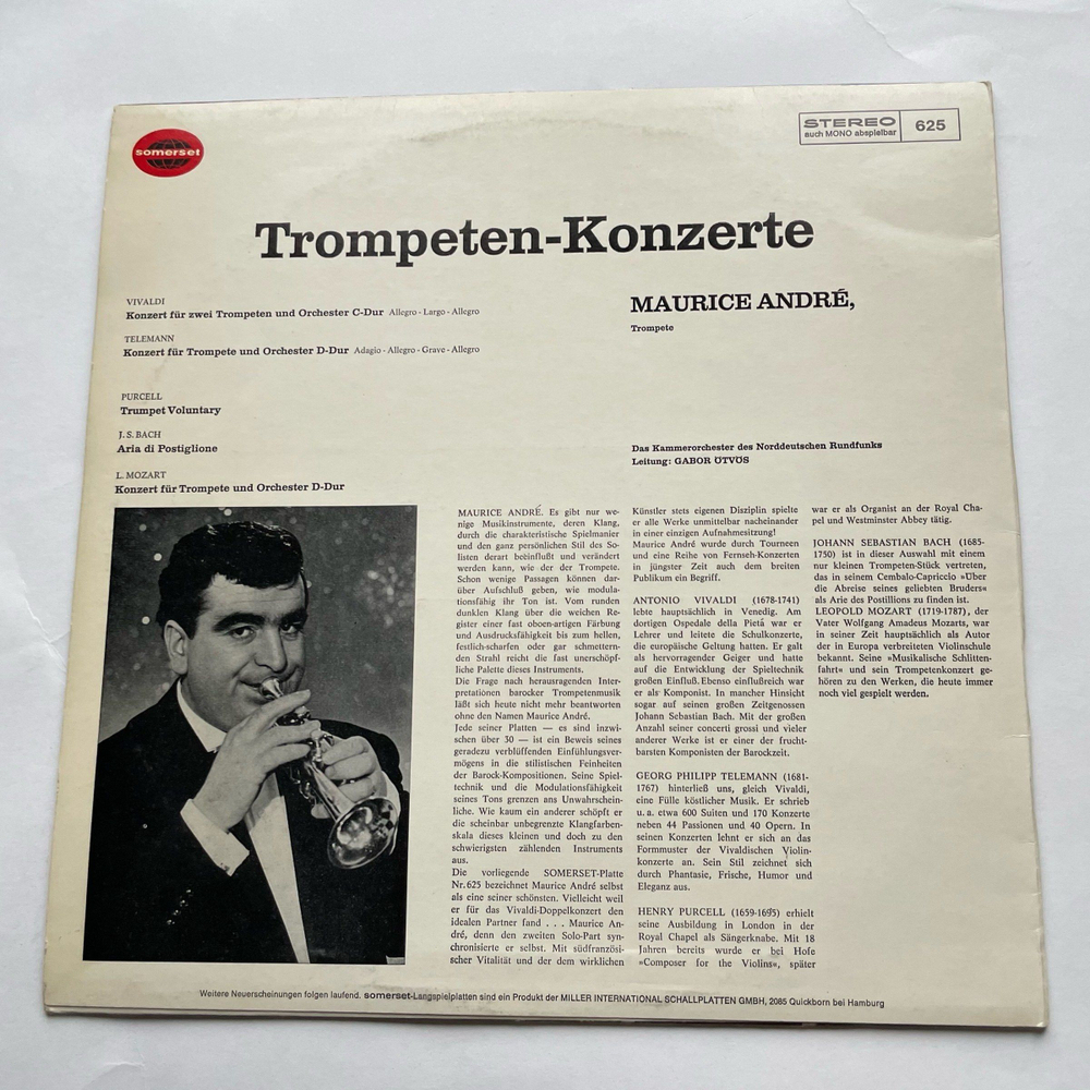 Винтажная виниловая пластинка LP Maurice Andre Trompeten Konzerte (Германия 1973)